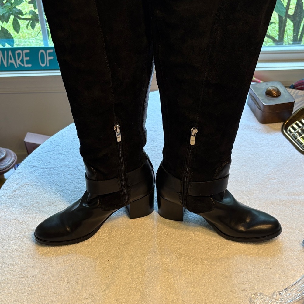 Marc Fisher 50/50 Suede Black Heeled Knee High Boots - Picture 7 of 9